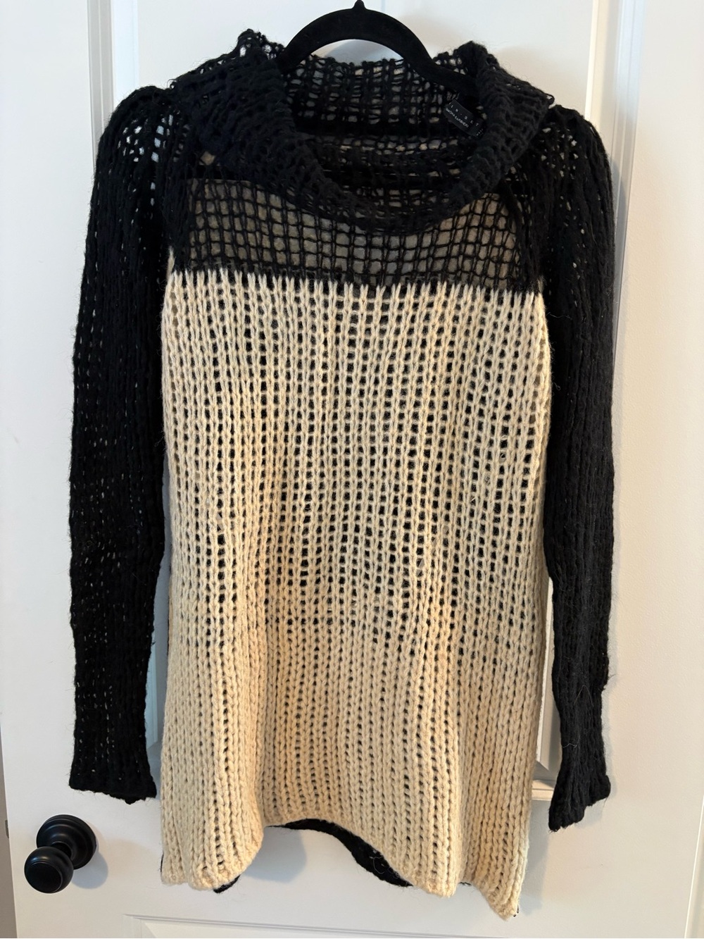 Twin-Set Two-Tone Open Knit Cowl Neck Sweater in Black & Cream